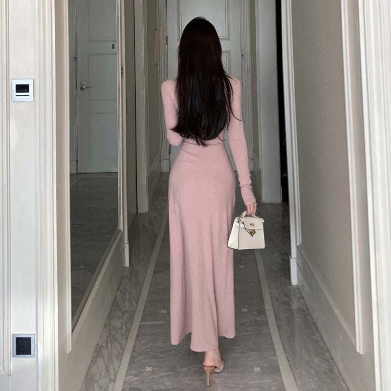 French V-neck kinky temperament slim bottom hip skirt straps long sleeves irregular waist gentle tie dress