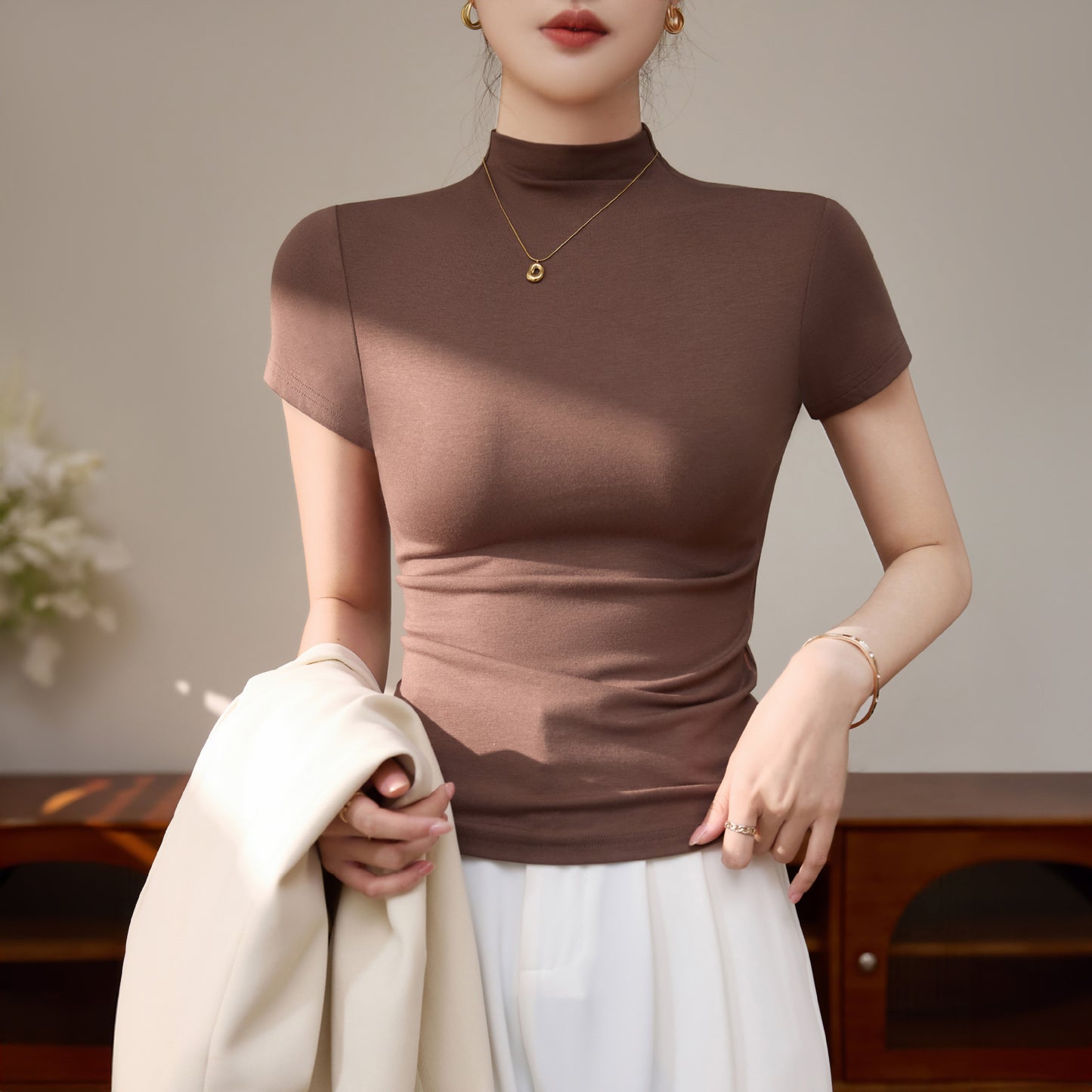 Korean version of dopamine wear, shoulder ice silk short-sleeved T-shirt, women's semi-turtleneck, summer thread slimming base shirt top