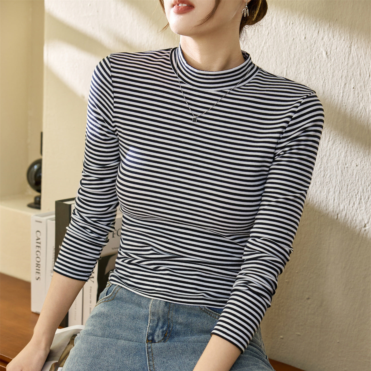 #Selection of good goods #Pure cotton T-shirt women's long-sleeved foreign-style striped bottoming shirt 2026 autumn and winter new semi-turtleneck top