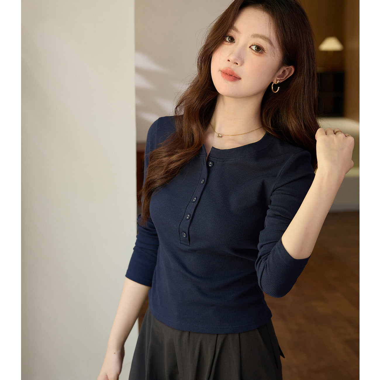 #Ingenuity screening product #Waist pleated Maillard chic cloth button-up long-sleeved T-shirt femininity pure cotton bottoming shirt