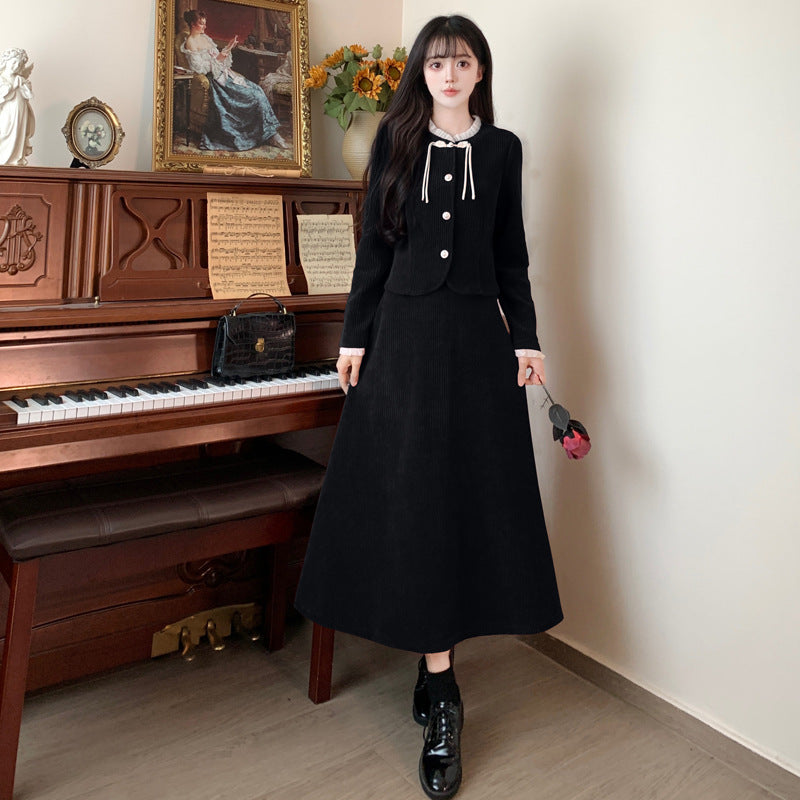 Large size French small fragrant style red corduroy fashion suit skirt women's autumn and winter temperament thin skirt two-piece set