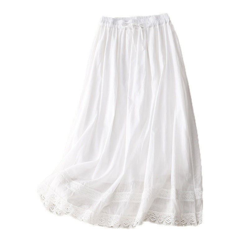 Real shot 2025 summer new literary loose splicing lace elastic waist skirt women's medium and long #791