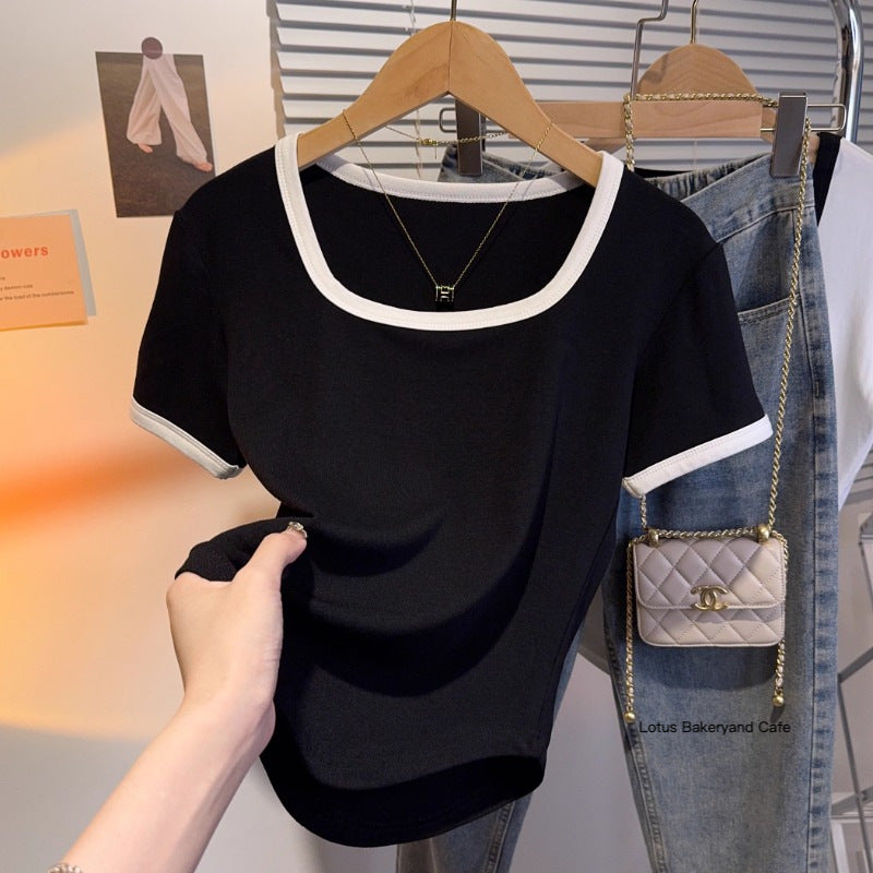 Black square neck contrasting color splicing slim-fitting short-sleeved T-shirt women's summer new Spice Girl niche chic top bottoming shirt
