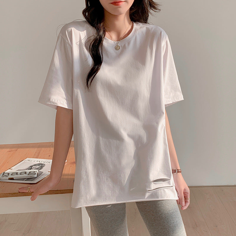 Pure cotton medium and long ripped loose short-sleeved t-shirt women's large size design sense half-sleeve belly cover t-shirt commuter style