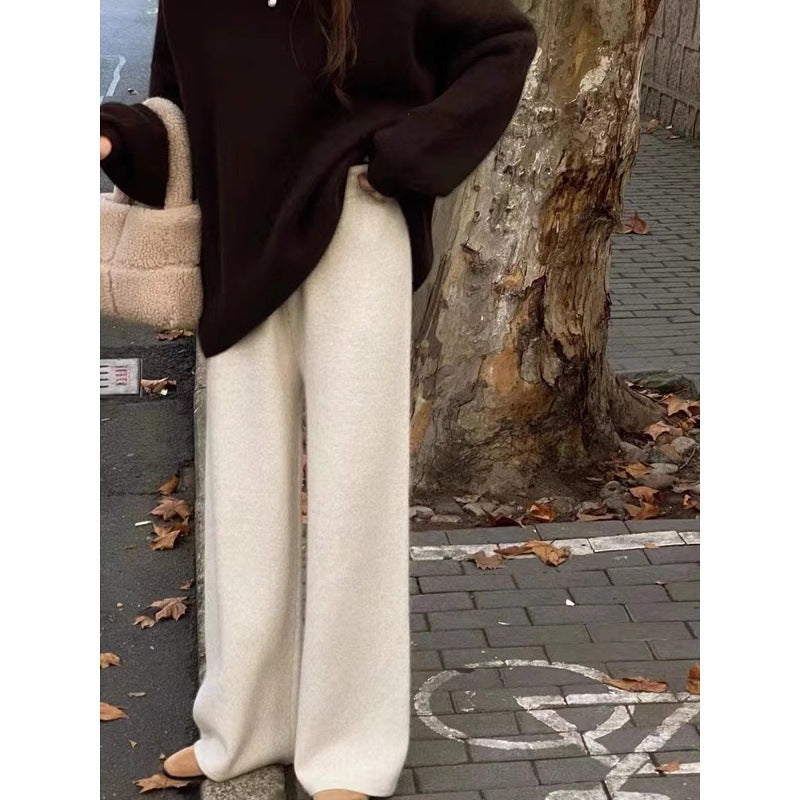 Autumn and winter thickened 100% soft waxy wool wide-leg pants women's drape knitted straight trousers cashmere small mopping trousers