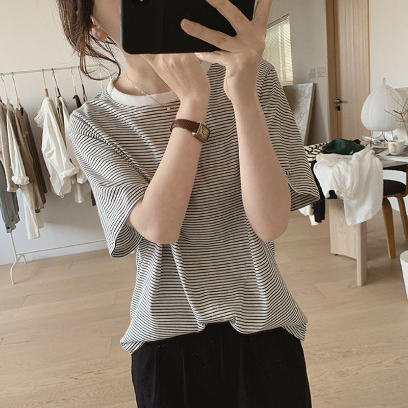Bag collar sticker 260g pure cotton striped T-shirt women's 2026 summer new loose and thin versatile short-sleeved T-shirt top