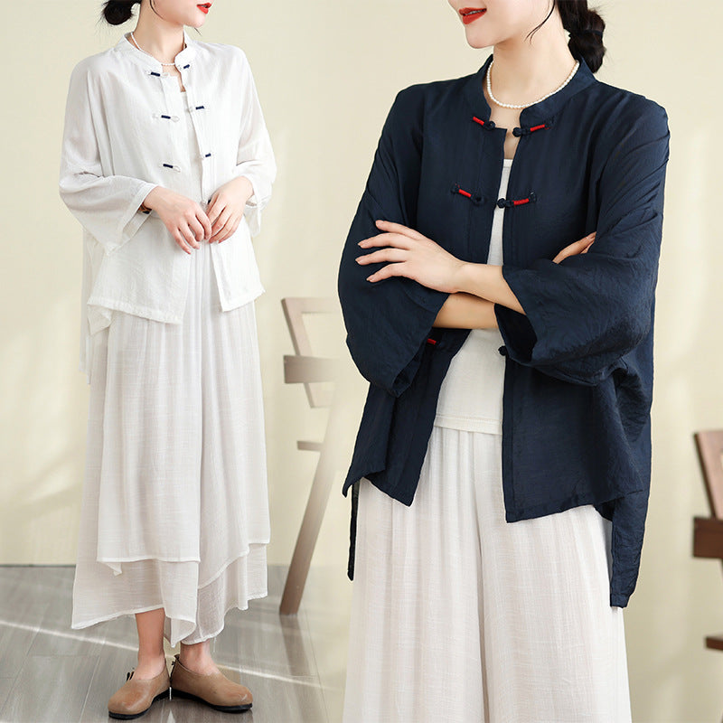 Real shot summer top women's 2025 new Chinese retro disc buckle tea clothes sunscreen air conditioner shirt set