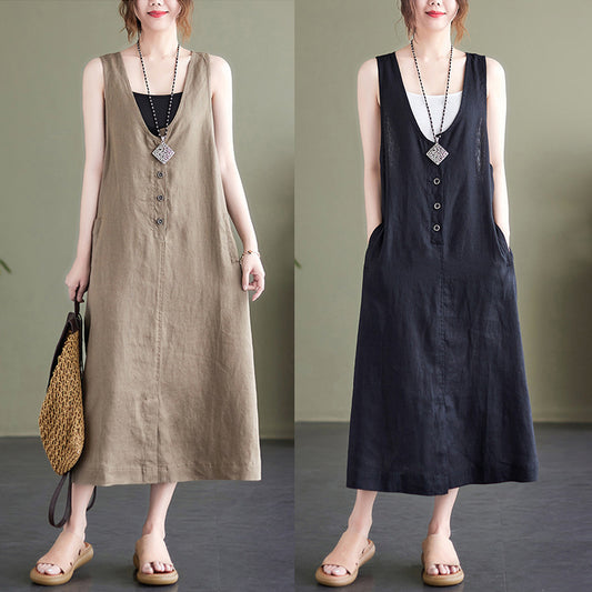 The real shot is the new literary and loose solid color cotton and linen V-neck sleeveless dress in the summer of 2025. Women's medium and long 9292 #