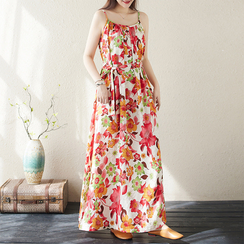 2024 summer new cotton and linen large size bohemian seaside vacation travel beach dress suspender dress women
