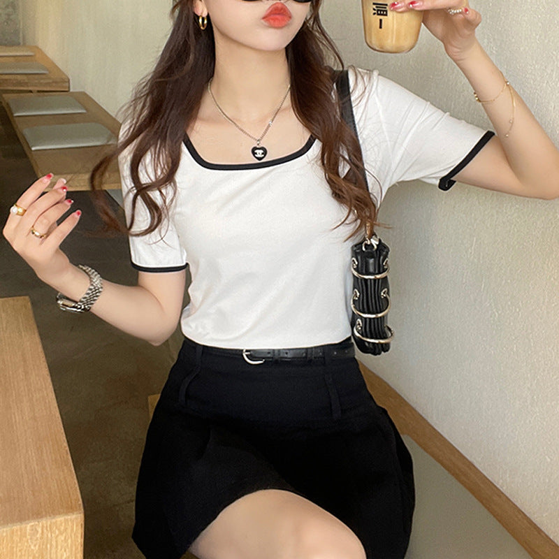 Selection of high elastic threaded cotton square neck short-sleeved t-shirt for women's 2026 summer new front shoulder versatile bottom top