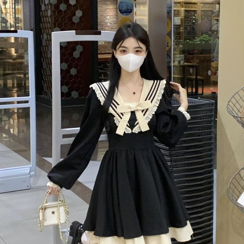 Navy collar long-sleeved Hepburn style dress autumn 2025 new women's tutu dress sweet flesh-covering black skirt
