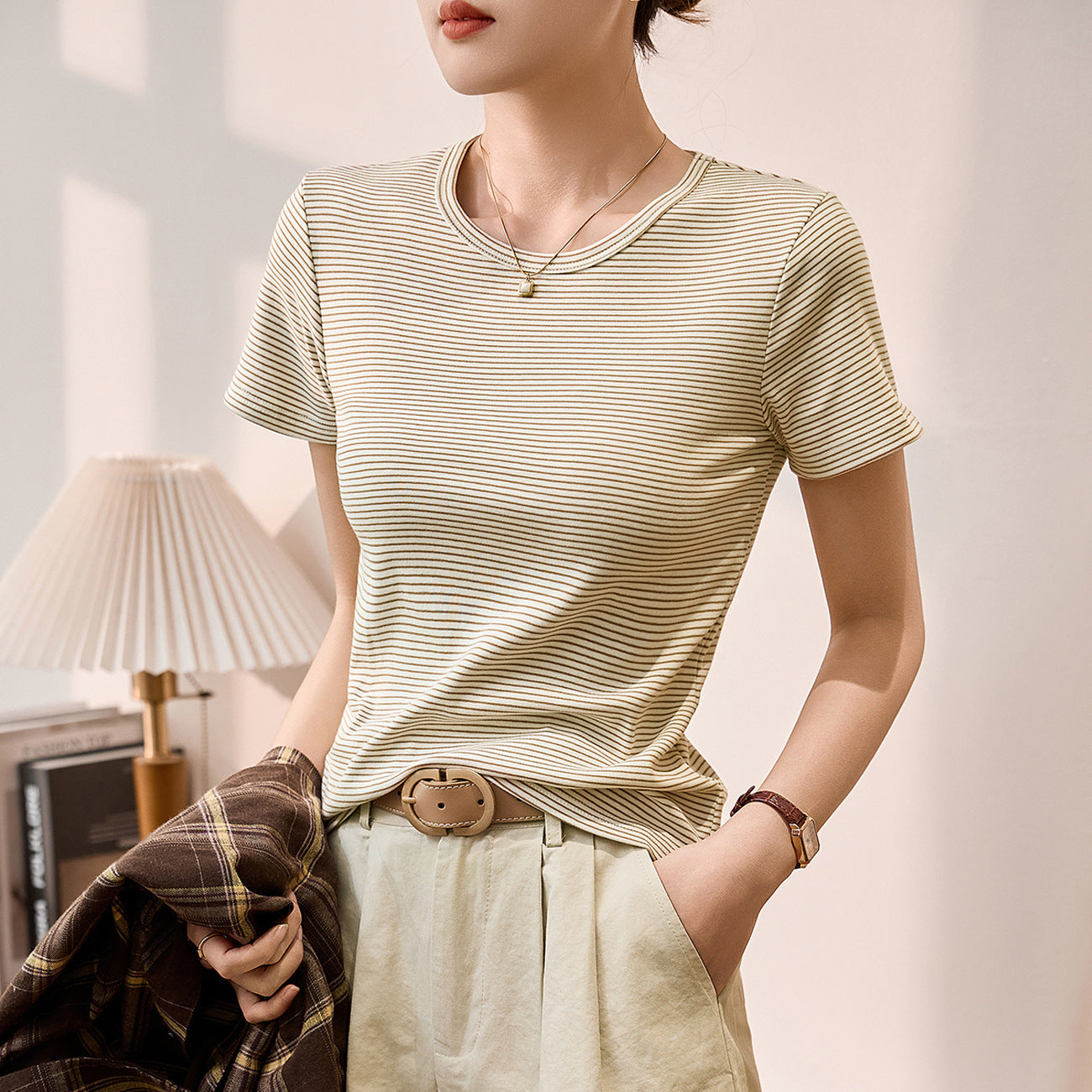 #Combed pure cotton #striped t-shirt women's short sleeve 2026 summer new slim and thin casual versatile crew neck top