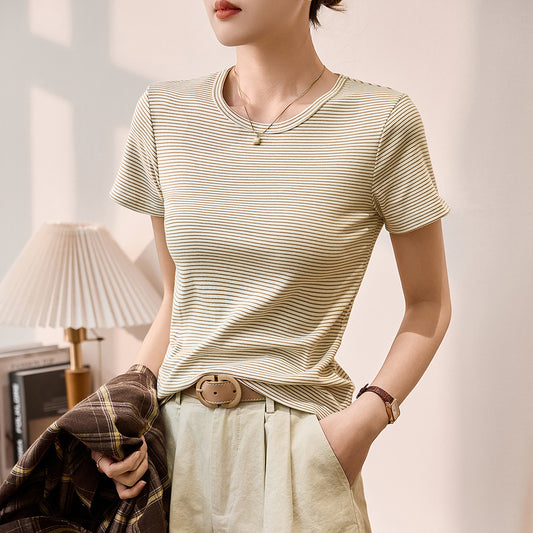 #Combed pure cotton #striped t-shirt women's short sleeve 2026 summer new slim and thin casual versatile crew neck top