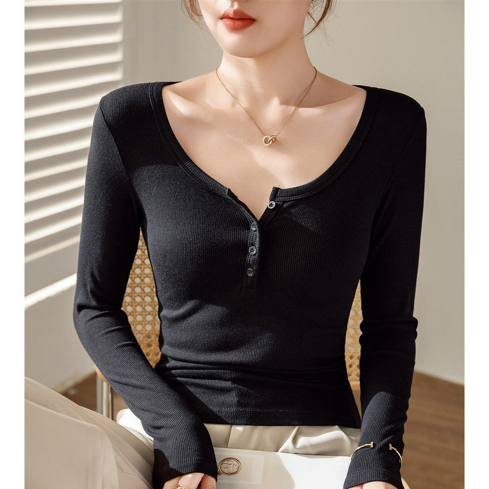 #Ruth same style #selection high elastic threaded cotton front shoulder button T-shirt women's autumn and winter new long-sleeved slim-fit bottoming shirt