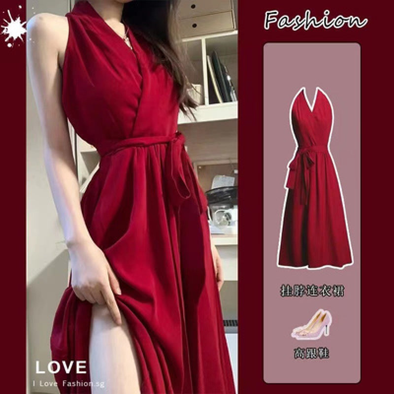 Pure desire wind red neck dress women's 2026 early spring new a-word royal sister waist strap slim dress