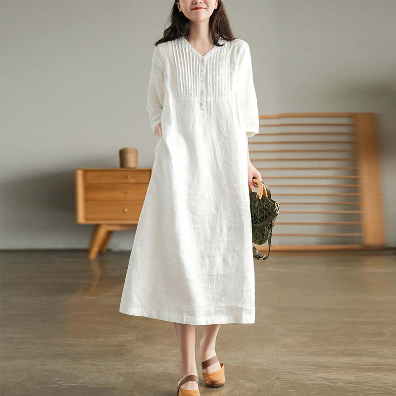 2024 summer new literary loose splicing solid color cotton and linen V-neck five-quarter sleeve dress women's medium and long 9880 #