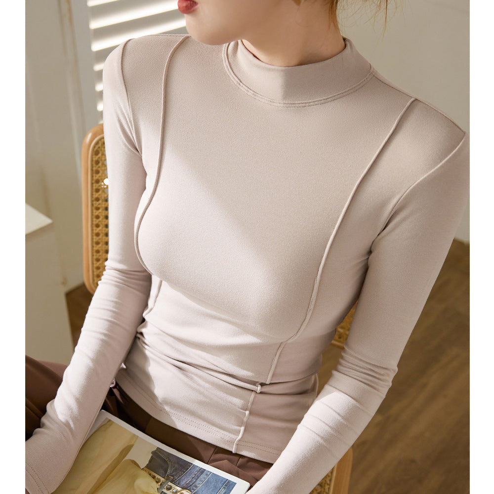 Maillard, high elastic and skin-friendly high-end design sense new small stand-up collar T-shirt women's autumn long-sleeved bottoming shirt temperament top