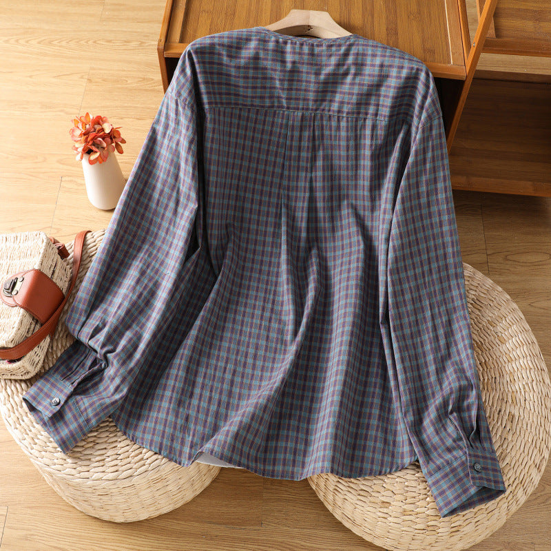 Real shot 2025 autumn new literary plaid long-sleeved cotton and linen plaid round neck shirt jacket women's shirt