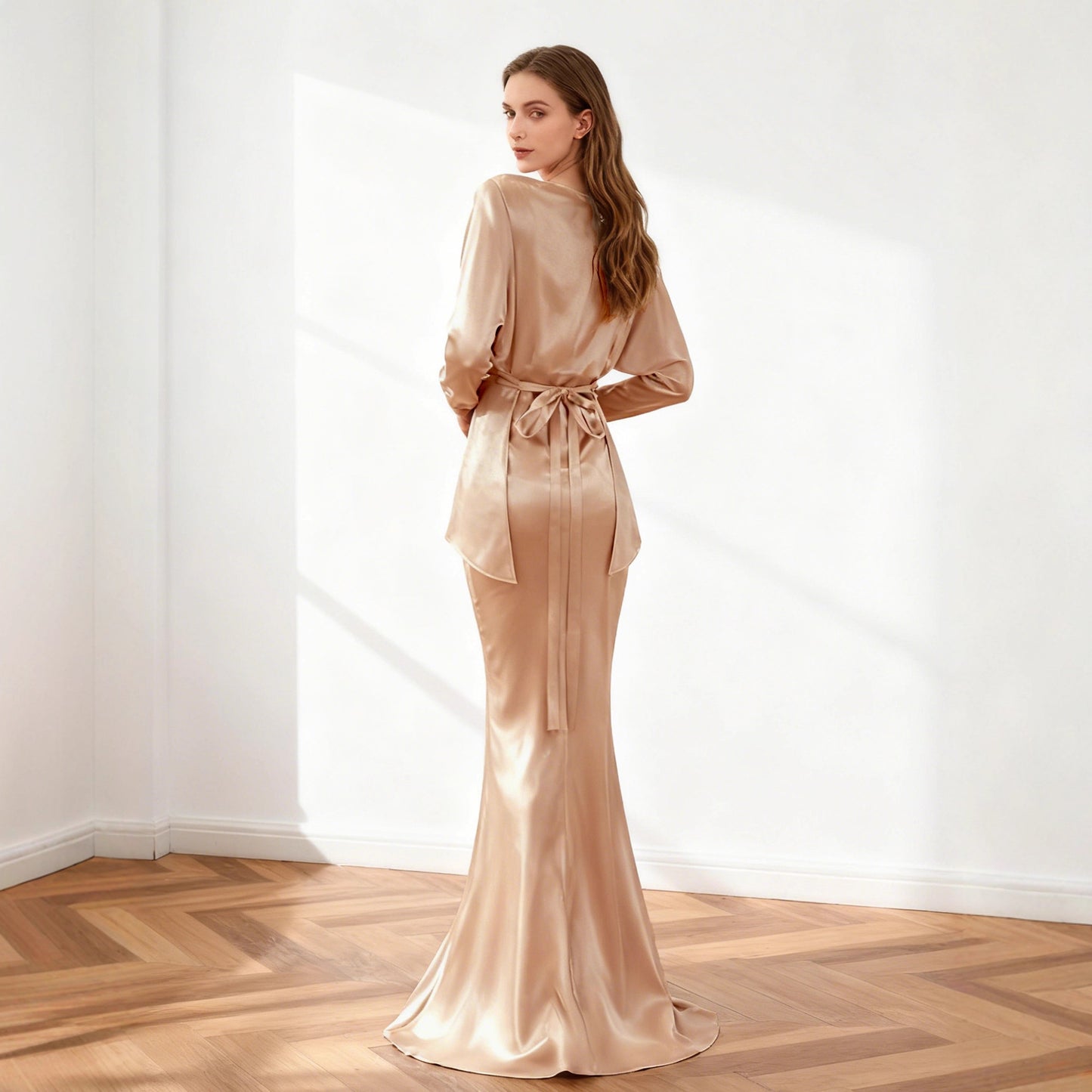 Haute couture imported acetate champagne set women's spring and autumn satin elegant top mermaid skirt temperament two-piece set