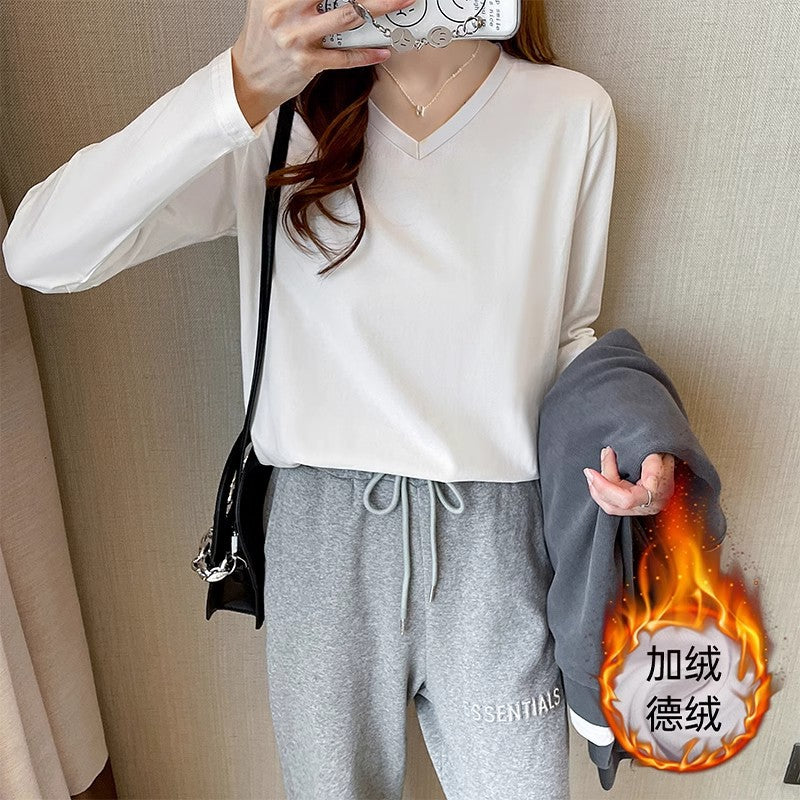 Double-sided German velvet white bottoming shirt for women's inner wear, autumn and winter velvet V-neck long-sleeved t-shirt sweater, loose thickened top