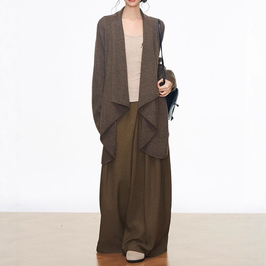 WESTAYONE medium and long sweater cardigan women's Korean lazy + V-neck bottoming shirt + wide-leg pants