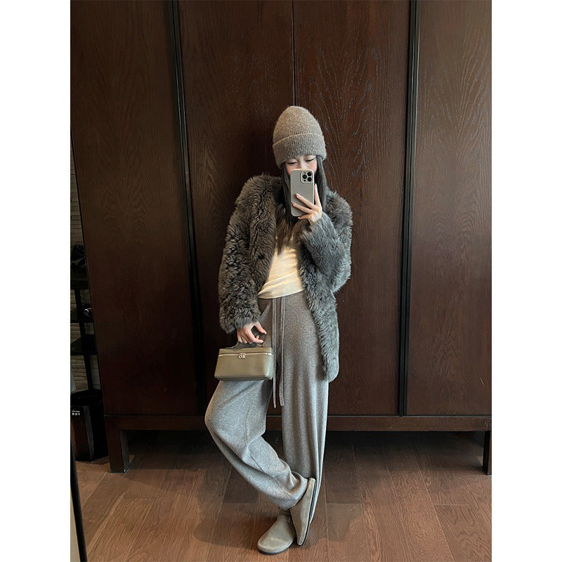 This issue B enters the rigid demand model! All-wool grandma pants women's winter drawstring casual soft waxy knitted straight-leg pants