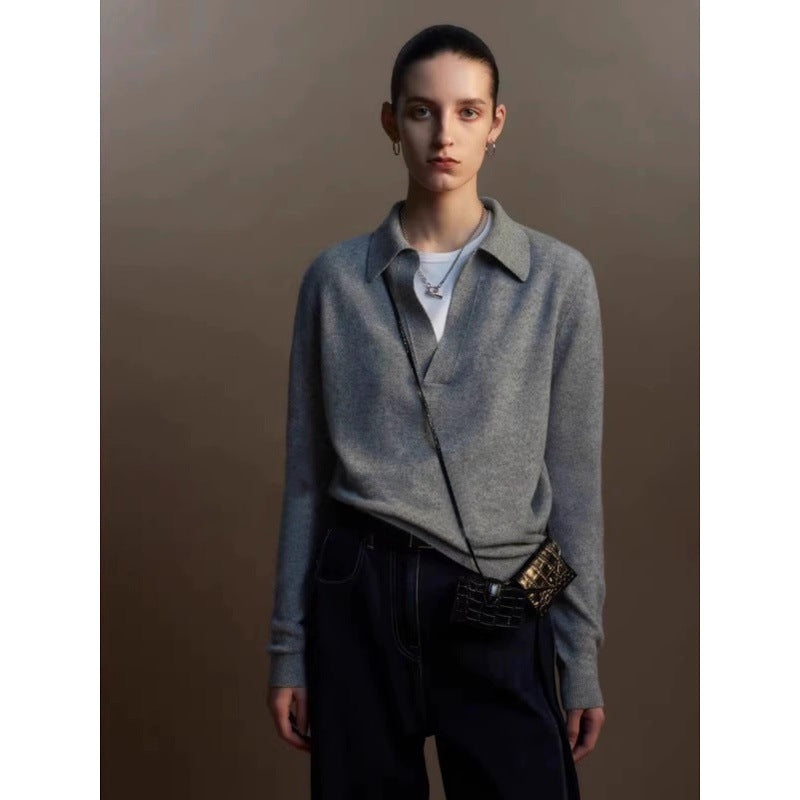 Autumn and winter gray base V-neck small lapel wool sweater women's loose high-end knitted sweater with long-sleeved top