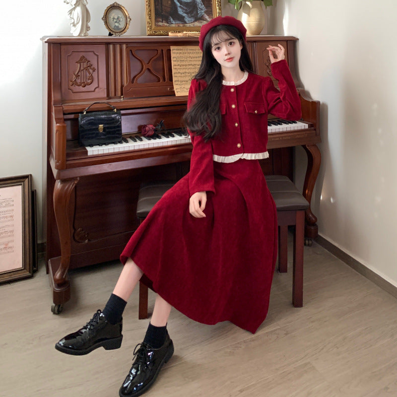 Autumn and winter small fragrant style suit skirt slim top large size fat mm French red corduroy half dress