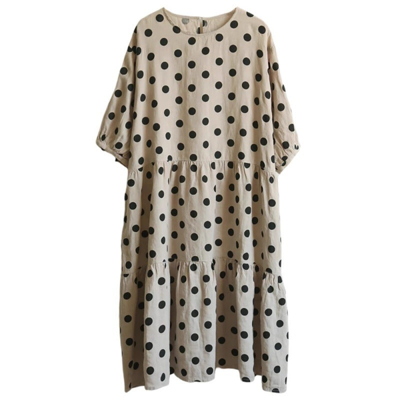 Summer 2024 new literary loose cotton and linen polka dot round neck five-quarter sleeve dress women's medium and long #9920 #
