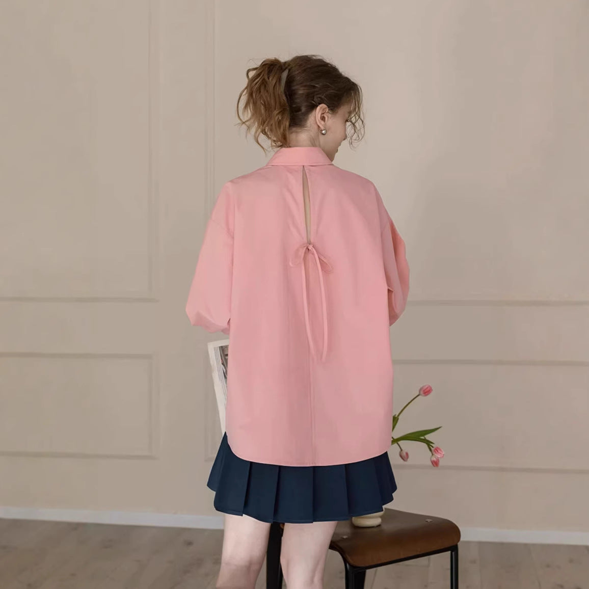 MELLIIY 2025 spring new lazy and comfortable loose cotton long-sleeved pink shirt women's design sense niche