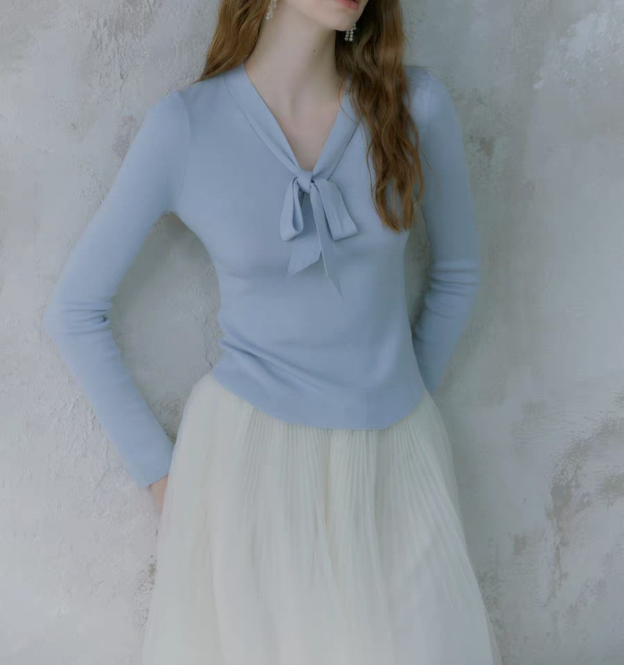 Lyocell silk wool blend! 2-color simple slim-fitting V-neck streamer knitted sweater bottoming shirt for women