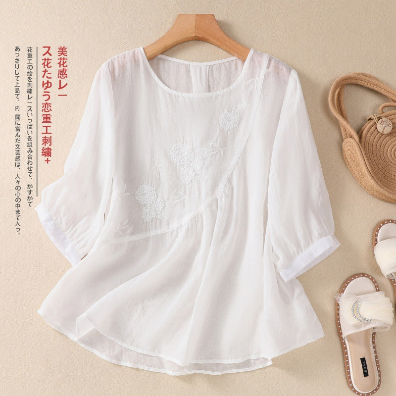 Real shot 2024 summer new literary loose cotton and linen embroidered flower round neck short-sleeved T-shirt women's top #9055