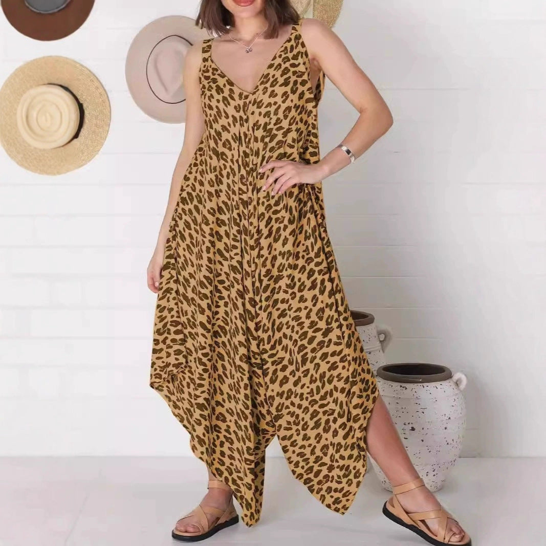 2025 new European and American cross-border women's clothing Amazon independent station one-piece suspender V-neck leopard print wide-leg dress pants
