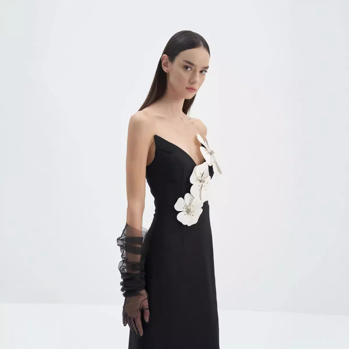 New dress black tube top dress flower drill core split shoulder design long dress European and American women's clothing elegant