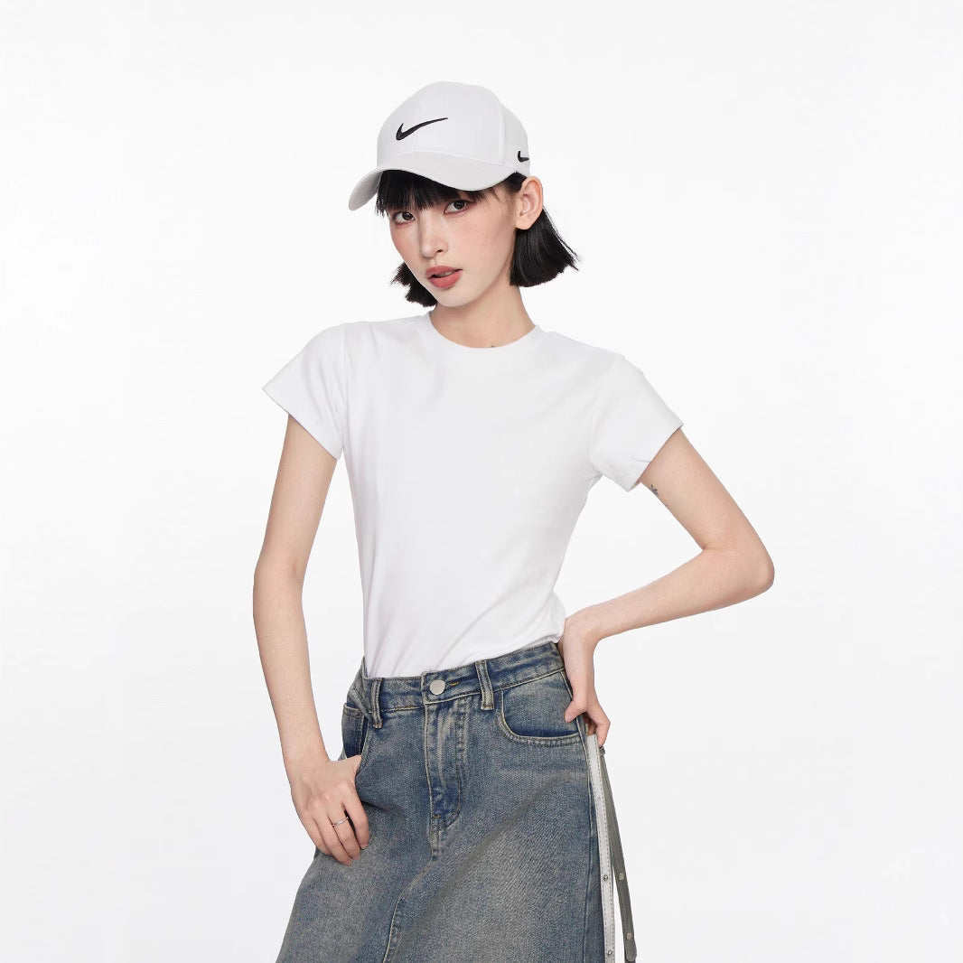 Summer new front shoulder basic short-sleeved t-shirt women's small slim and thin short solid-color top trendy