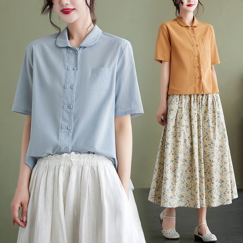 Summer 2024 new literary loose solid color single-breasted retro short-sleeved shirt top women
