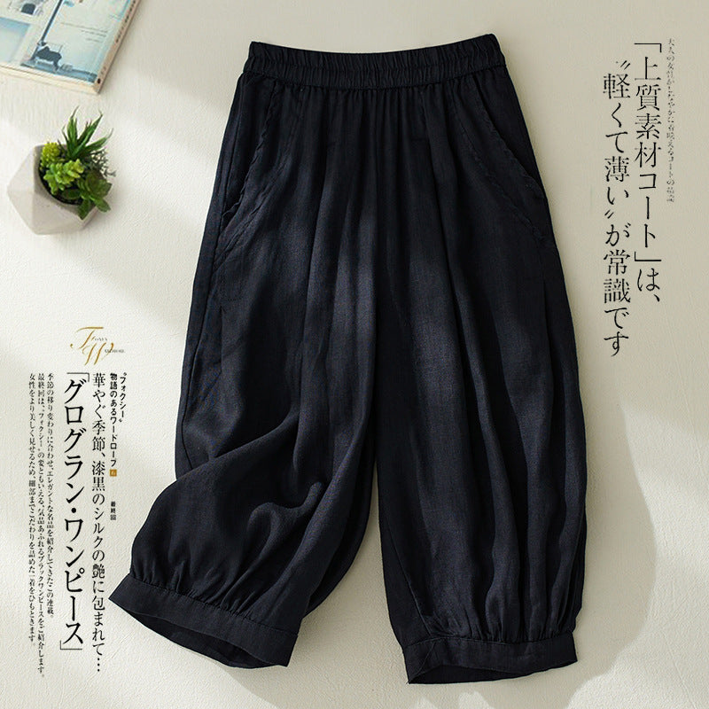 Real shot 2025 summer new retro literary loose cotton and linen elastic waist casual tied feet Harlan five-point pants women