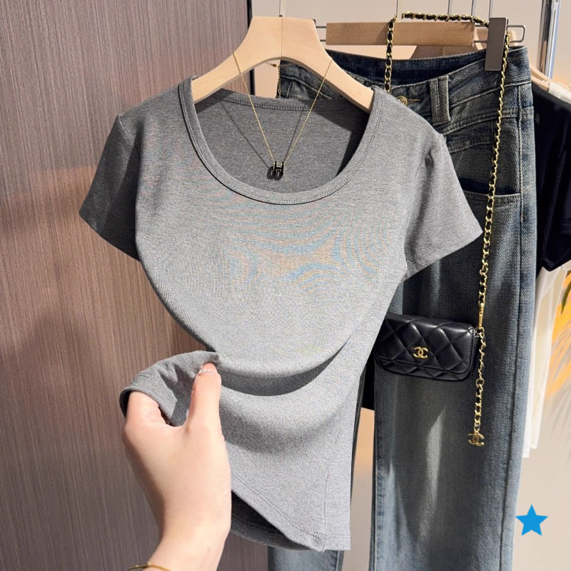 apricot u-neck short-sleeved t-shirt women's summer new Korean version versatile tight shirt with bottoming shirt and slim top