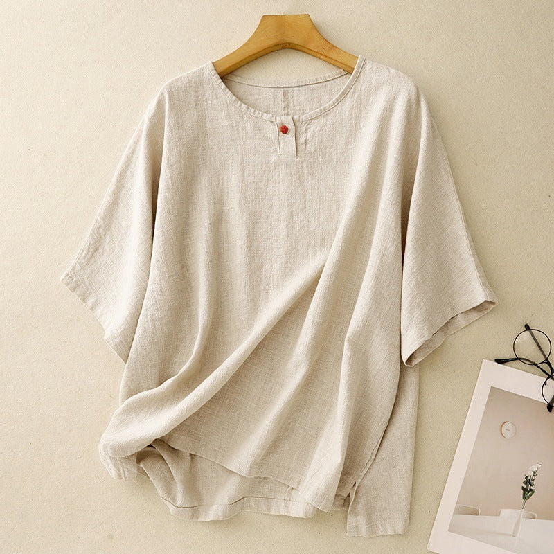 Real shot 2025 summer new literary loose solid color cotton and linen round neck short-sleeved T-shirt women's top 8056 #