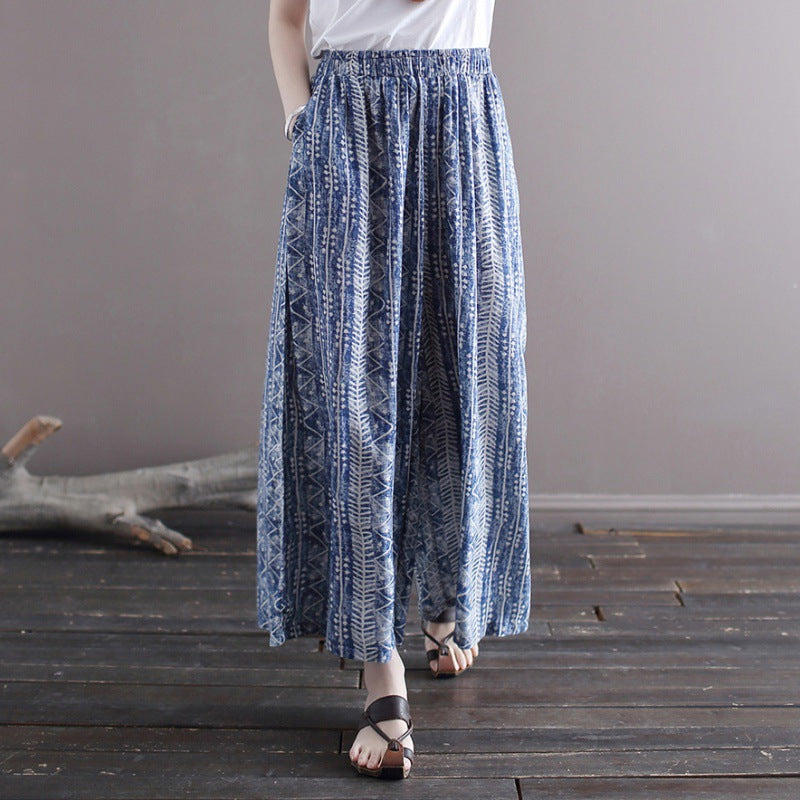 2024 summer thin literary cotton and linen wide-leg floral ethnic style loose batik elastic waist culottes straight-leg pants women