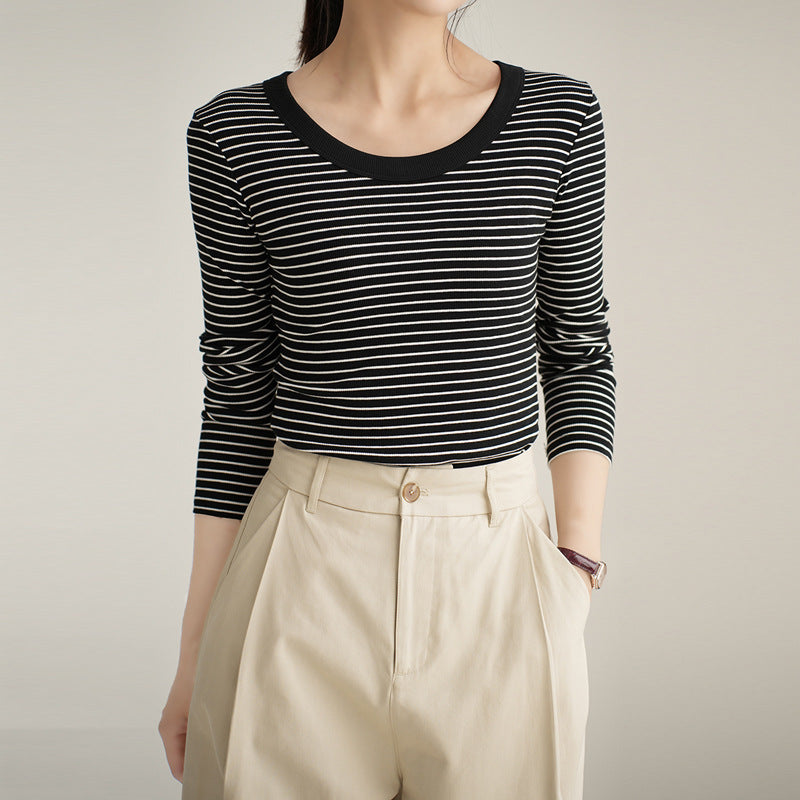 High-quality pure cotton T-shirt women's long-sleeved striped bottoming shirt 2026 autumn new round neck slim-fitting and thin versatile top