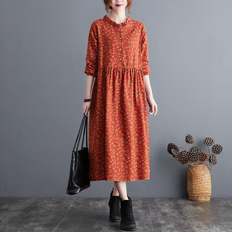 Real shot 2024 autumn new retro literary cotton and linen loose large size floral long-sleeved dress women