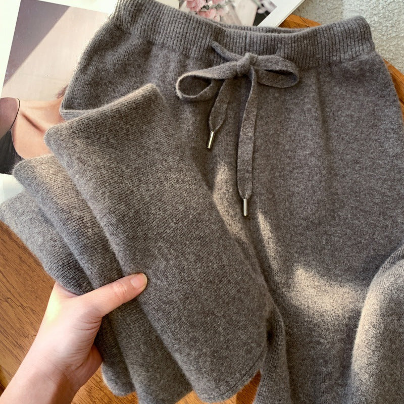 Thickened soft waxy texture 100% wool knitted wide-leg pants women's autumn and winter wear straight cashmere casual drape trousers