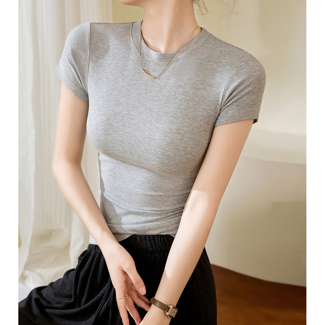 & Use good materials & high elastic cotton tight short-sleeved T-shirt women's summer 2026 new versatile top, thin crew neck bottoming shirt
