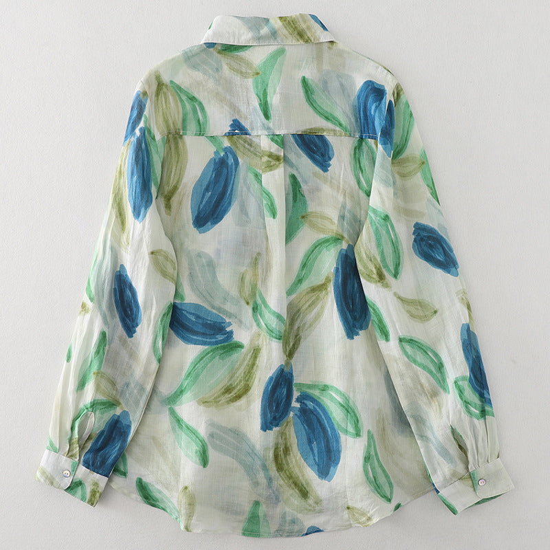 Real shot 2025 spring thin blue-green ink splashing printing French fresh shirt top women #1080