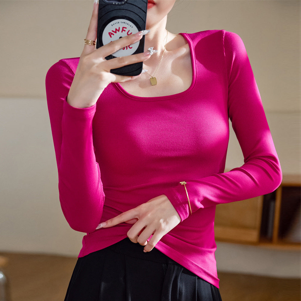 High elastic thin threaded cotton square neck T-shirt women's long sleeves 2026 autumn and winter new outer wear front shoulder tight bottoming shirt top