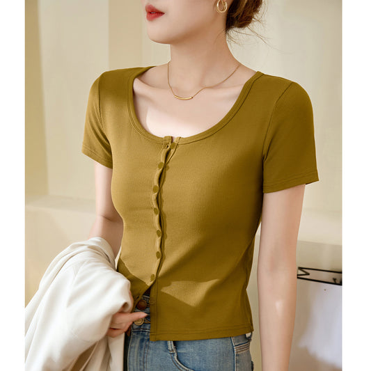 [High quality] Single-breasted button-up T-shirt women's short-sleeved 2026 summer new threaded cotton high-waisted short top
