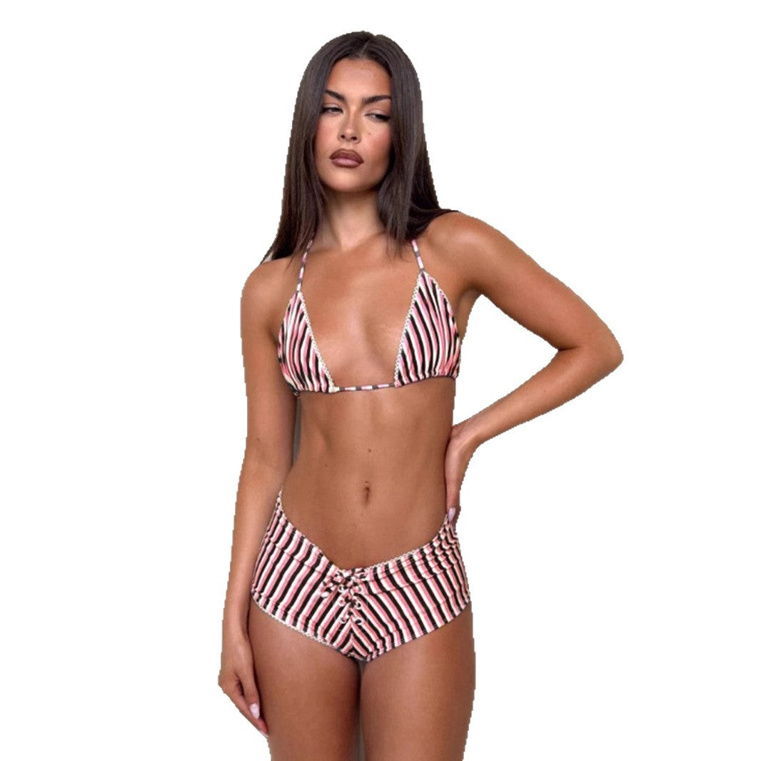 Love cloth forget Y2K bow plaid vacation bikini set neck strap corset low-rise shorts