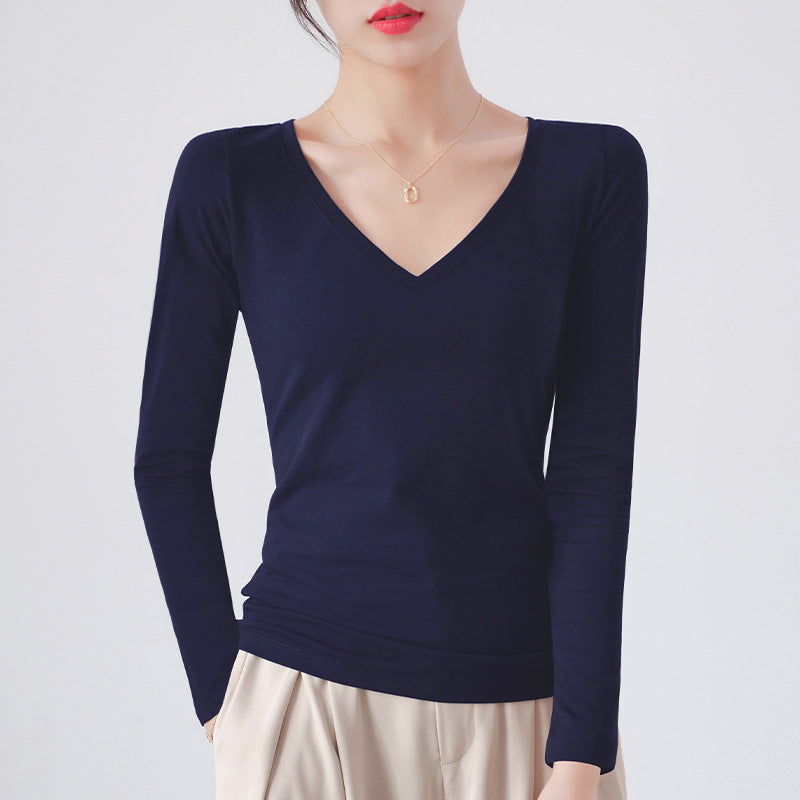 Spring and Autumn 2025 pure cotton versatile V-neck long-sleeved T-shirt women's Korean version with slim foreign base shirt top for commuting
