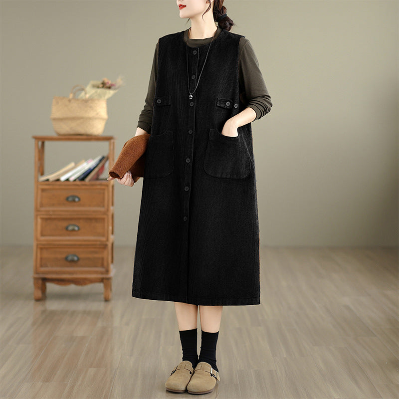 Retro solid color corduroy sleeveless dress women's autumn 2025 new medium and long cardigan vest skirt